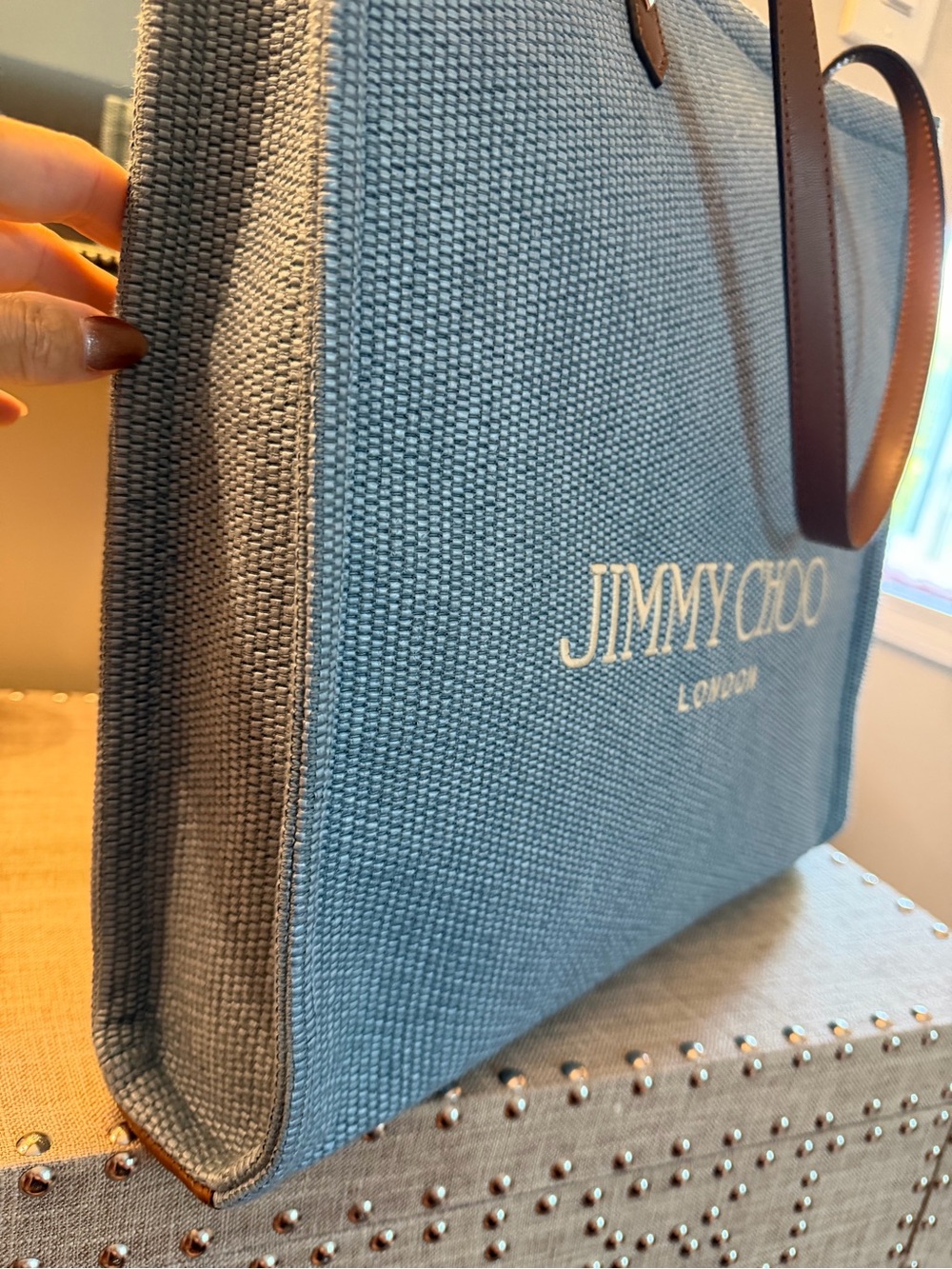 Jimmy Choo NIP London Rhea Blue Raffia Tote Brown Leather Handles $795 MSRP COA - Picture 3 of 15